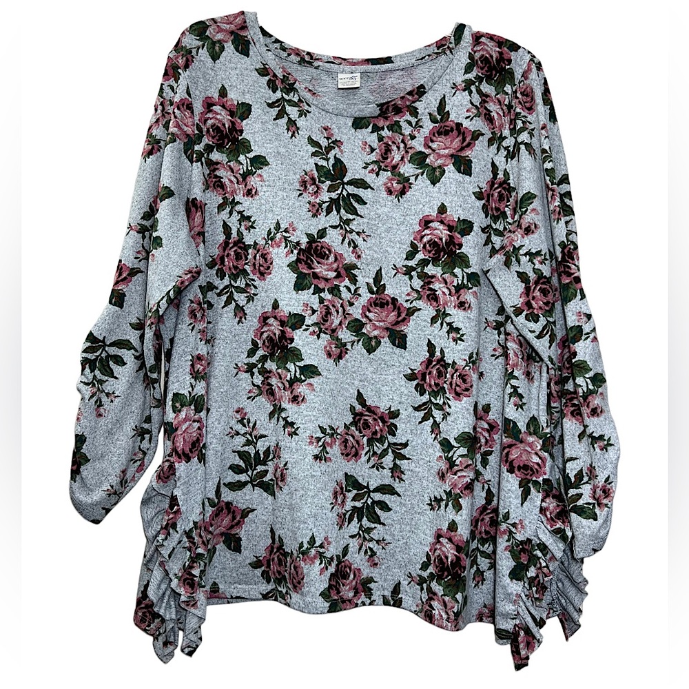 💥2/$15 Terra & Sky grey pink green brown floral ruffle trim long sleeve top 2X - Picture 1 of 11